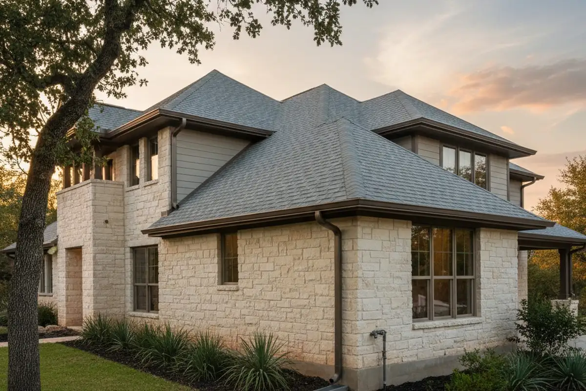 Seamless gutters installed on Austin TX home with vinyl siding for expert drainage and roof protection