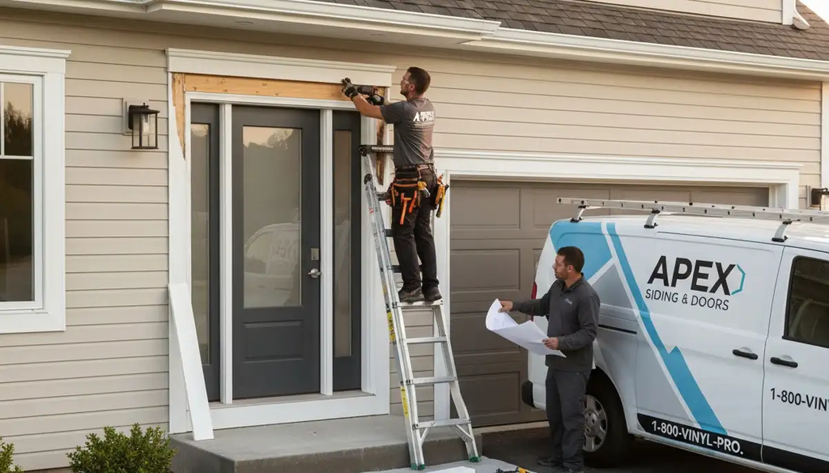 Technician repairing exterior vinyl door frame, Next Level Exteriors, Austin TX door repair service