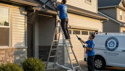 Technician performing gutter cleaning on vinyl siding home in Austin, TX