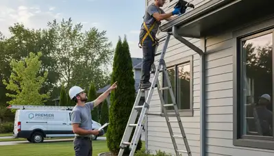Technician performing gutter inspection on vinyl siding home in Austin, TX