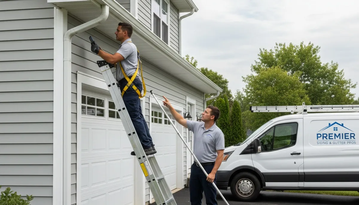 Technician performing gutter inspection on vinyl siding home in Austin, TX