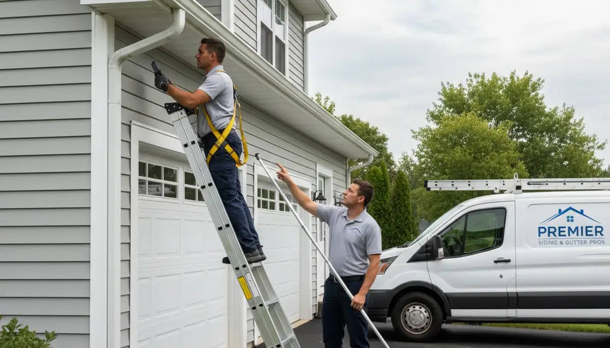 Technician performing gutter inspection on vinyl siding home in Austin, TX