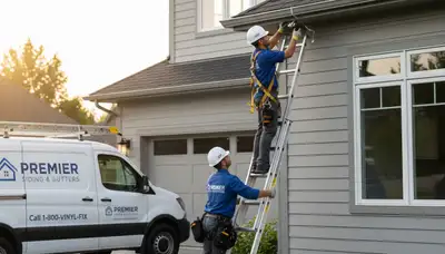 Technician repairing residential gutters on vinyl siding home in Austin, TX