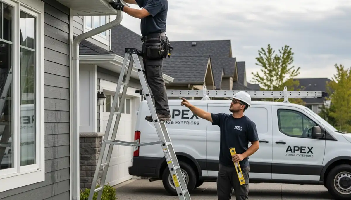 Technician repairing home gutters with vinyl siding in Austin, TX