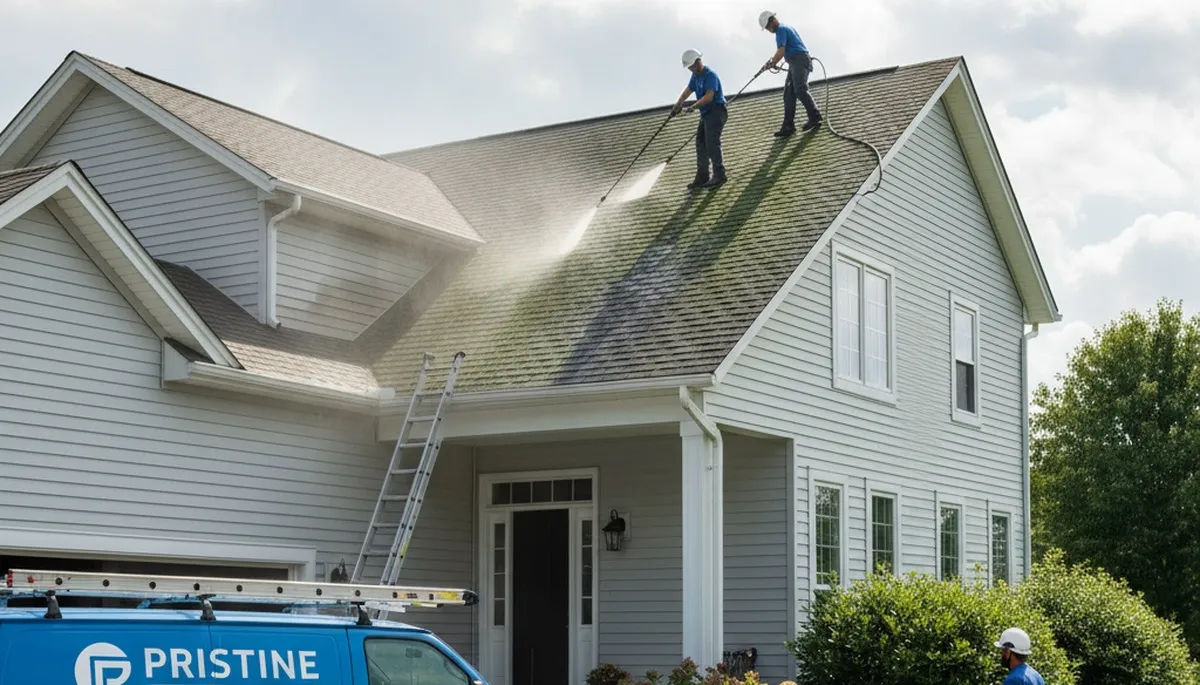 Professional roof cleaning service in Austin, TX removing moss and debris for vinyl-sided homes