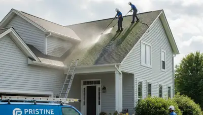 Professional roof cleaning service in Austin, TX removing moss and debris for vinyl-sided homes