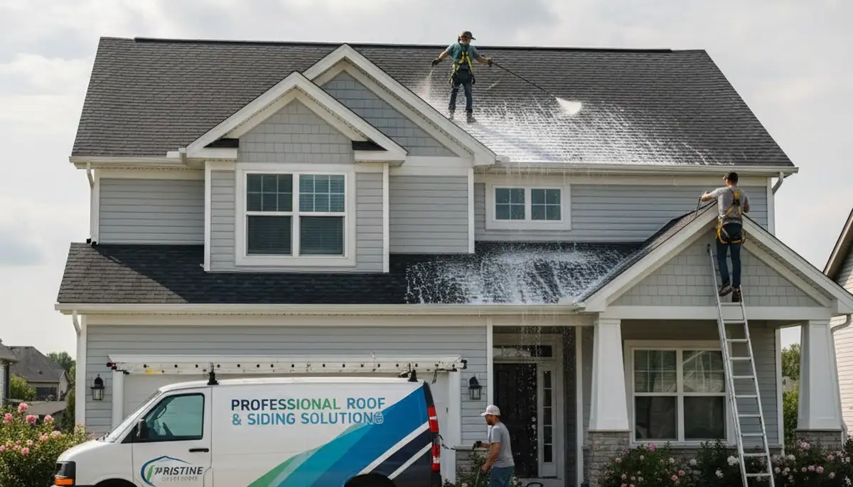 Austin, TX roof cleaning by Next Level Exteriors removing algae and debris from a residential roof