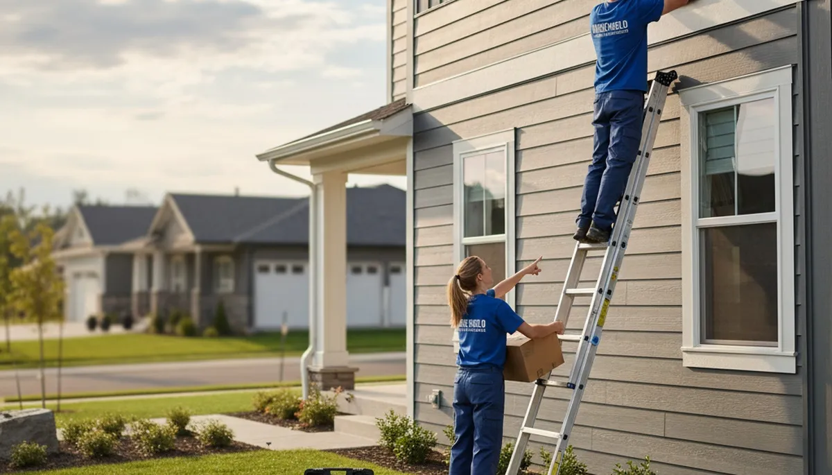 Technician repairing damaged vinyl siding on Austin TX home exterior by Next Level Exteriors
