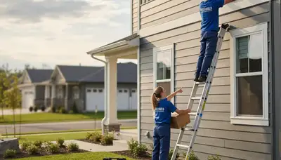 Technician repairing damaged vinyl siding on Austin TX home exterior by Next Level Exteriors
