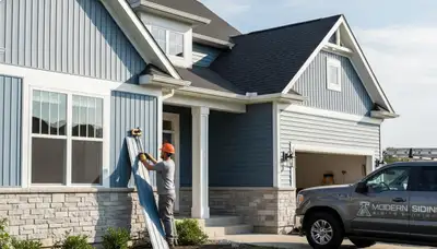 Technician repairing damaged vinyl siding on home exterior in Austin, TX