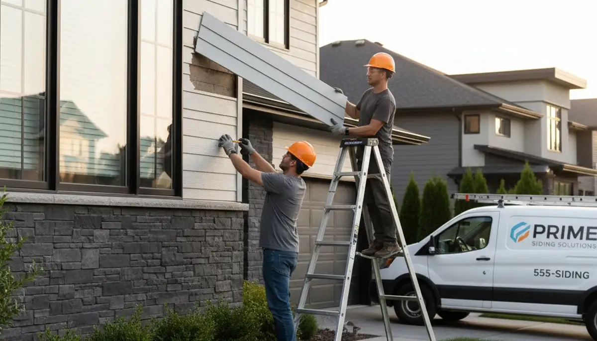 Technician repairing damaged vinyl siding on Austin TX home exterior by Next Level Exteriors
