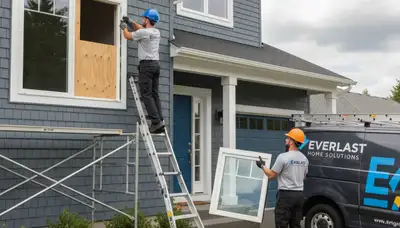 Vinyl siding and window repair experts working on Austin TX home exterior upgrade