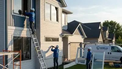 Technician repairing home window frame near vinyl siding in Austin TX
